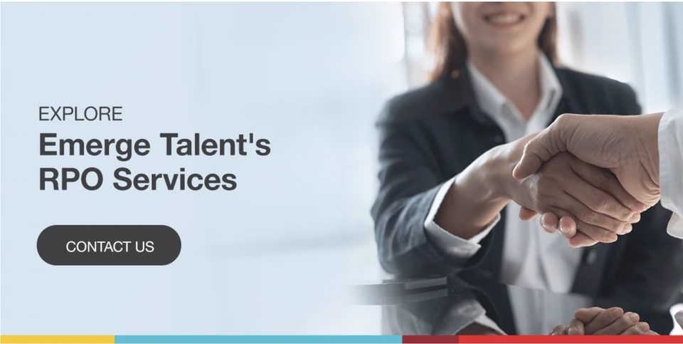Businesswoman shaking hands, smiling in an office. Text: "Explore Emerge Talent's RPO Services" and "Contact Us" on a light blue background.