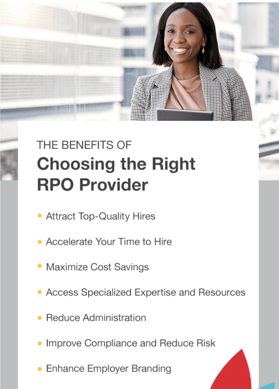 Smiling woman in office holding a folder; text highlights benefits of the right RPO provider: quality hires, cost savings, expertise, branding.